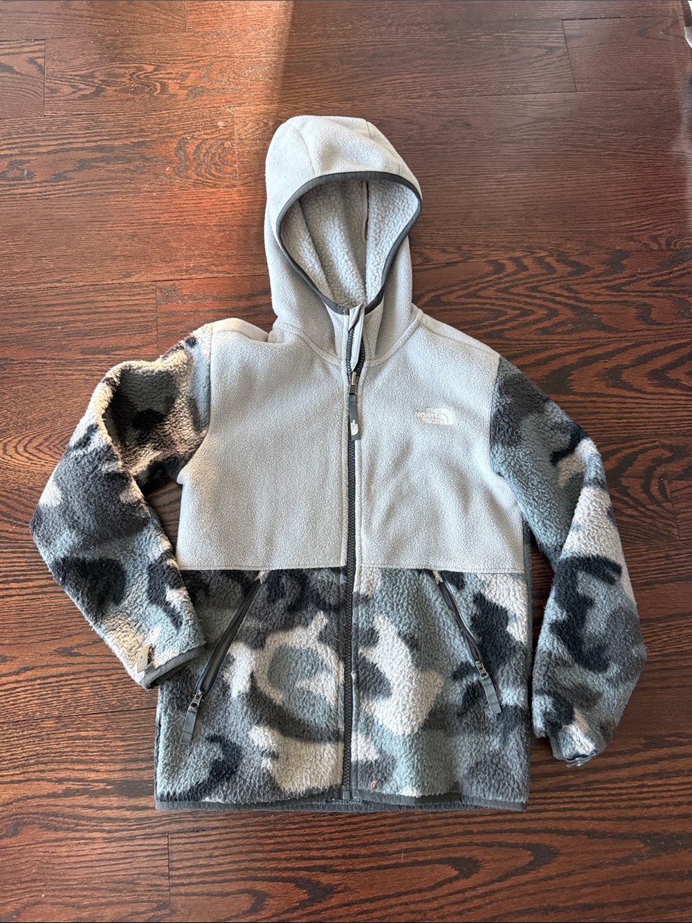 The North Face Kids' Gray Hooded Fleece Jacket with Camo Panels